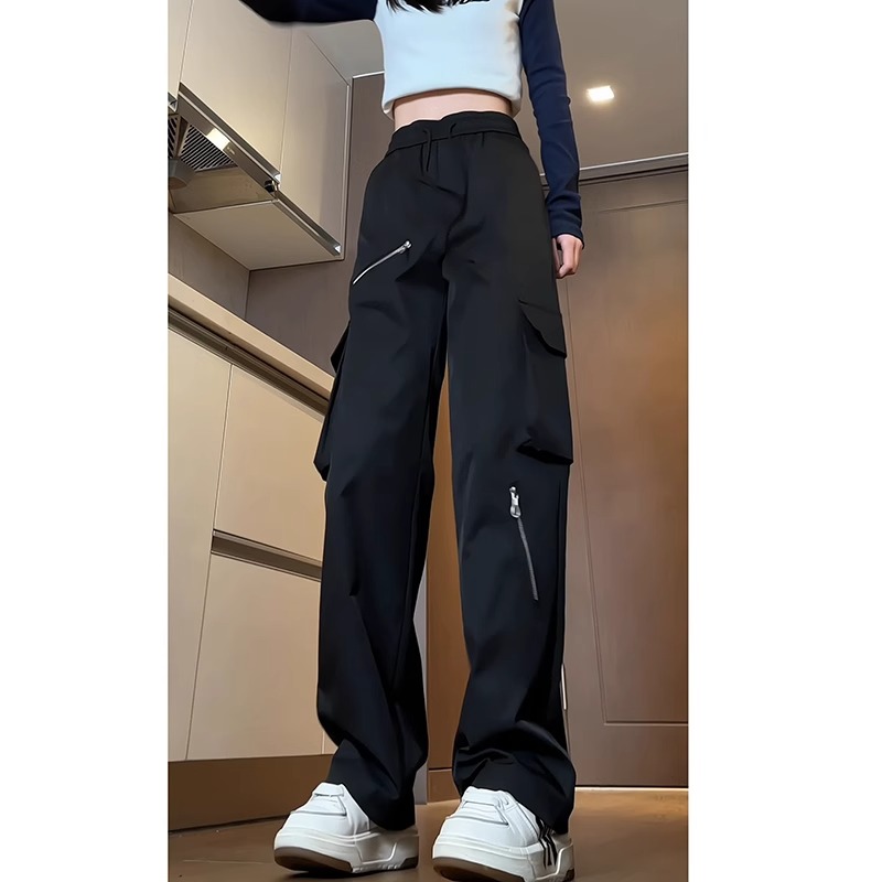 黑色工装运动裤女2025春季新款美式复古高腰宽松休闲直筒拖地裤子