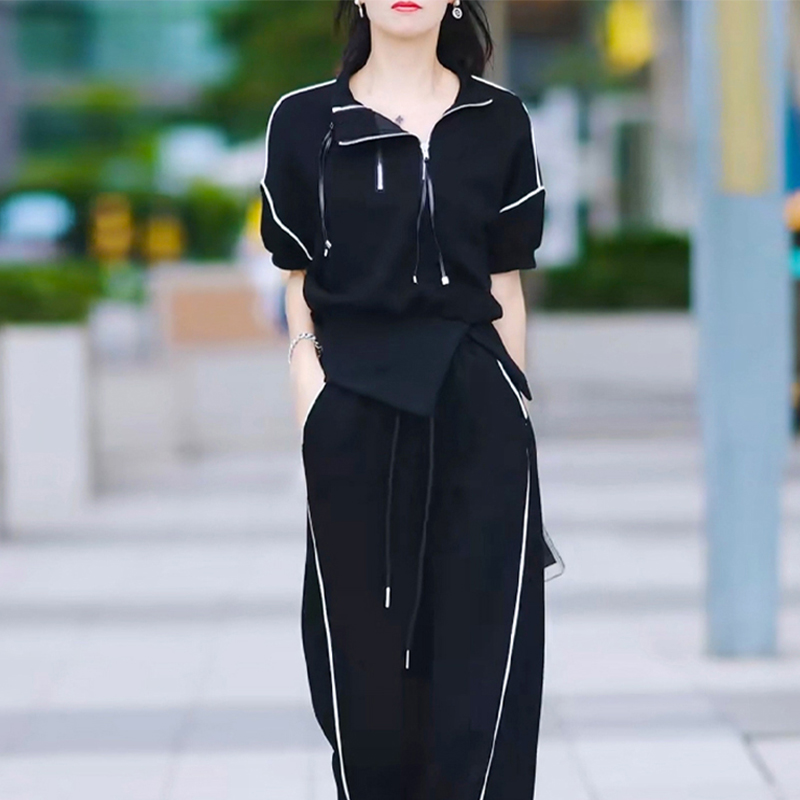 休闲套装女夏季2025新款洋气时髦短袖上衣阔腿裤运动百搭两件套潮