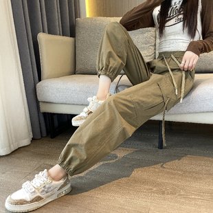2025新款 女夏季 薄款 潮 高腰宽松束脚显瘦运动休闲哈伦裤 工装 美式 裤