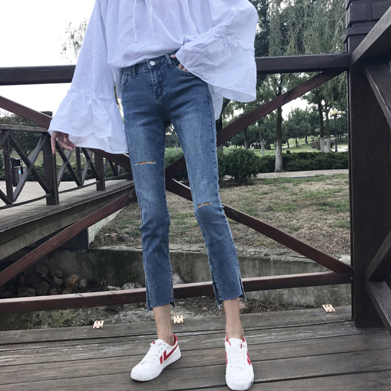 高腰牛仔裤女小个子夏季2025新款韩版时尚修身显瘦小脚破洞烟管裤