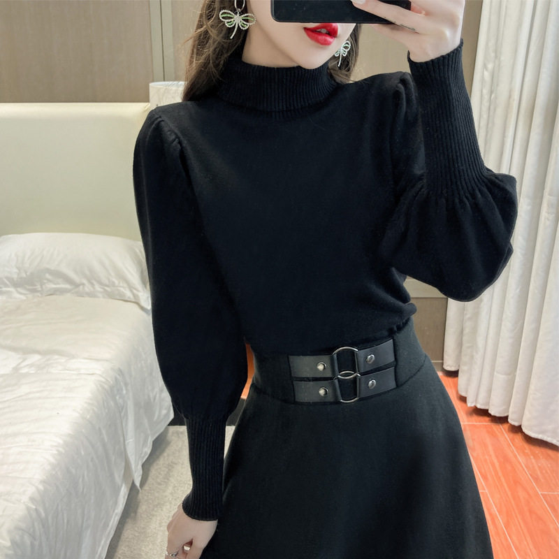 实拍法式复古灯笼袖套头打底针织衫女秋冬内搭保暖半高领毛衣