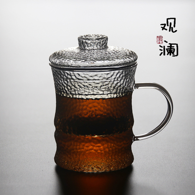 锤纹玻璃泡茶杯带盖加厚茶水分离杯家用带过滤杯子男女办公室水杯