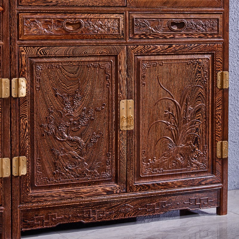 王木匠 鸡翅木五福三组合书柜书柜书架中式古典雕花款书房储物柜