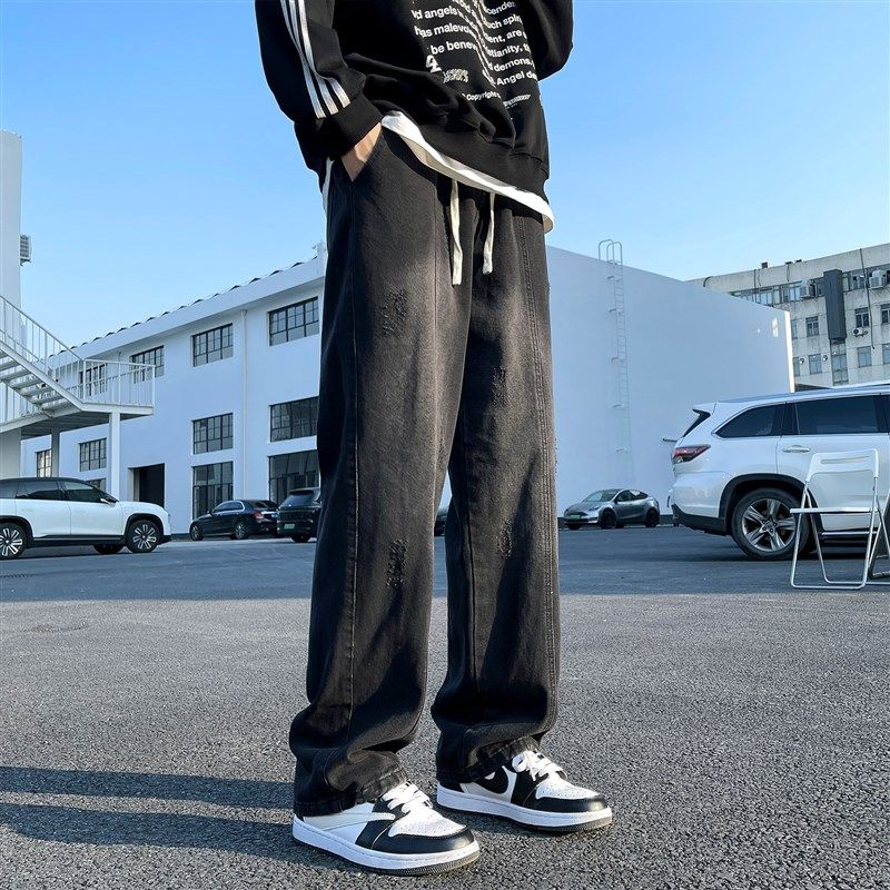 @二更 美式浅蓝色牛仔裤男款春季新款直筒休闲裤阔腿百搭宽松裤子