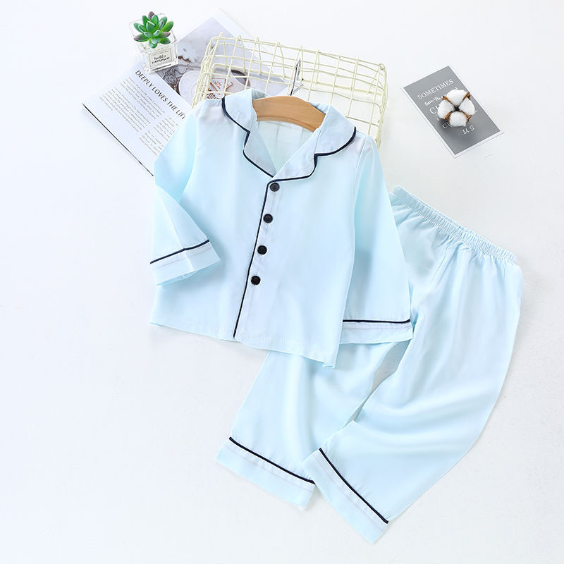 夏季宝宝睡衣空调服儿童棉绸开衫长袖套装男女童绵绸翻领家居服薄