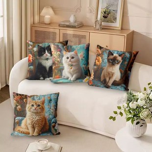 猫咪下午茶高贵动物全绣抱枕套满绣十字绣自己手工线绣家用抱枕