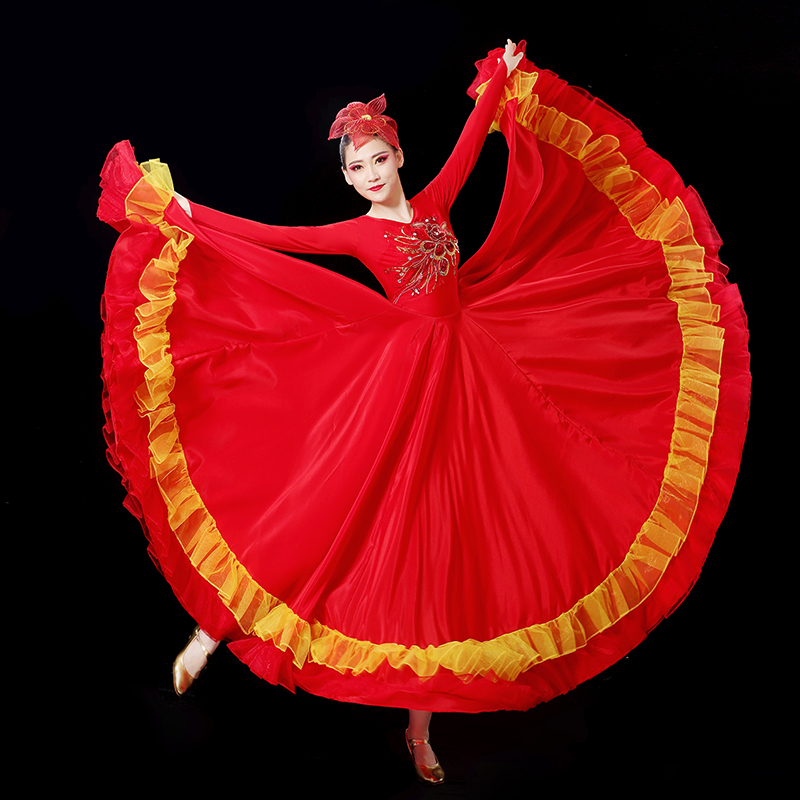 新款开场舞大摆裙合唱团演出服装红歌女成人广场舞扇子舞长裙伴舞