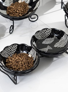 黑色鱼猫碗斜口陶瓷高脚水碗猫食盆猫粮碗大口径狗碗防黑下巴宠物