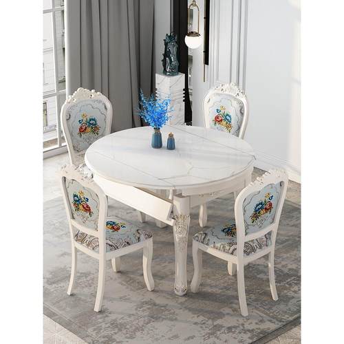 油奶风岩板折叠餐桌饭椅组合方圆两用约伸缩实木桌子家用岩板伸缩