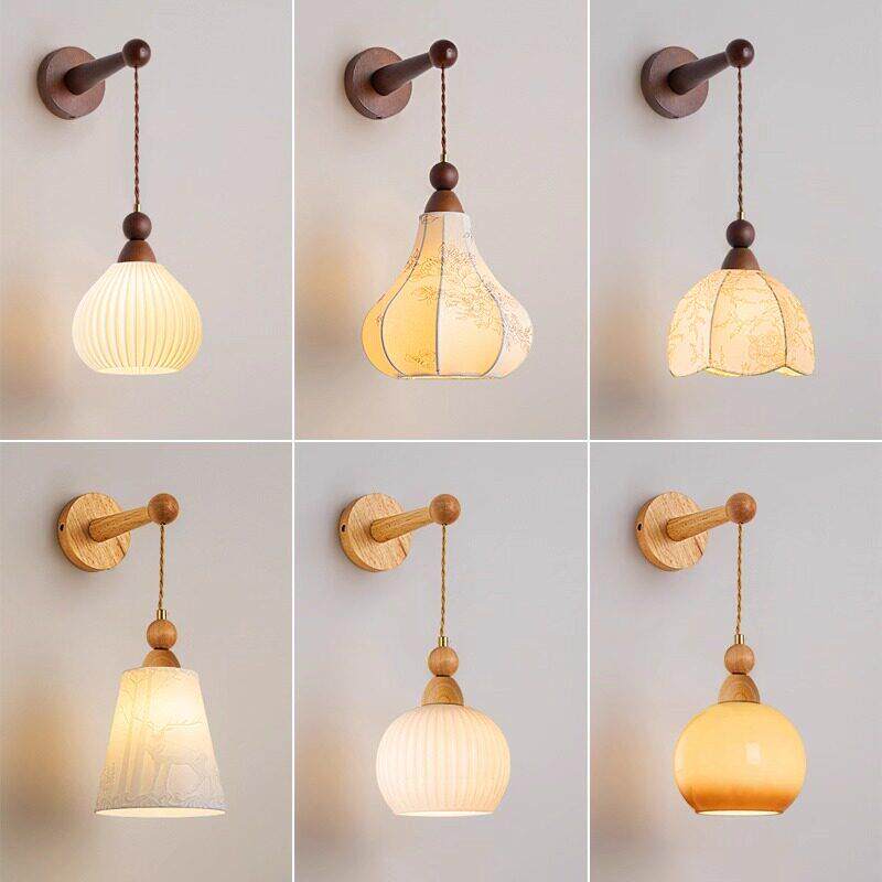 新款中式中古风卧室床头壁灯小吊灯北欧原木走廊过道楼梯墙壁吊灯