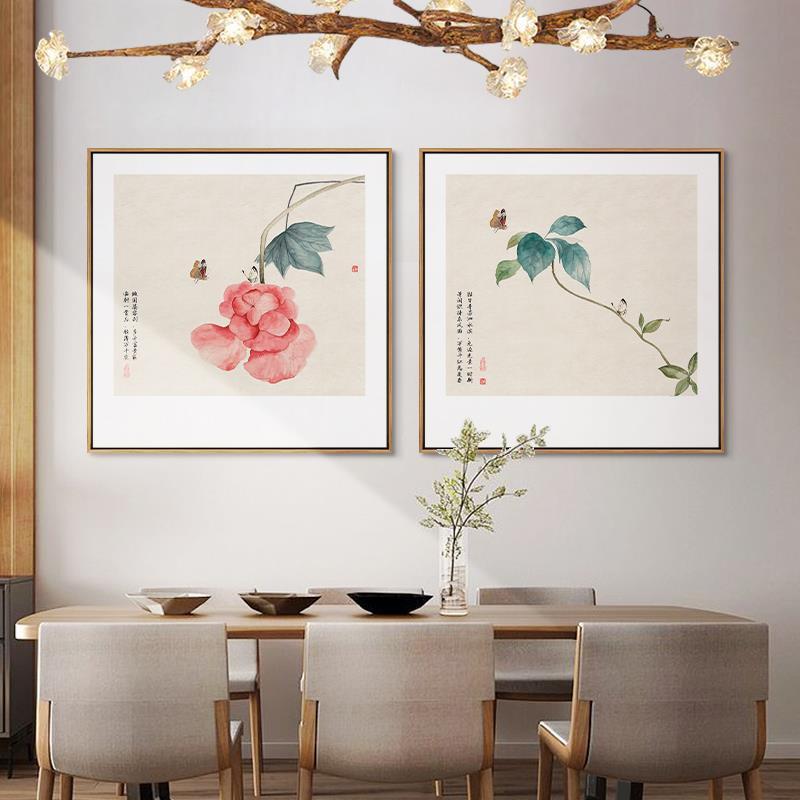 新中式餐厅客厅装饰画禅意玄关走廊壁画书房花卉茶室花鸟方形挂画图片