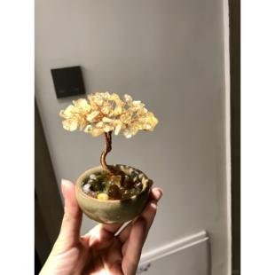 玄关高级聚宝盆小摆件陶瓷底座水晶发财树办公桌面创意手工工艺品