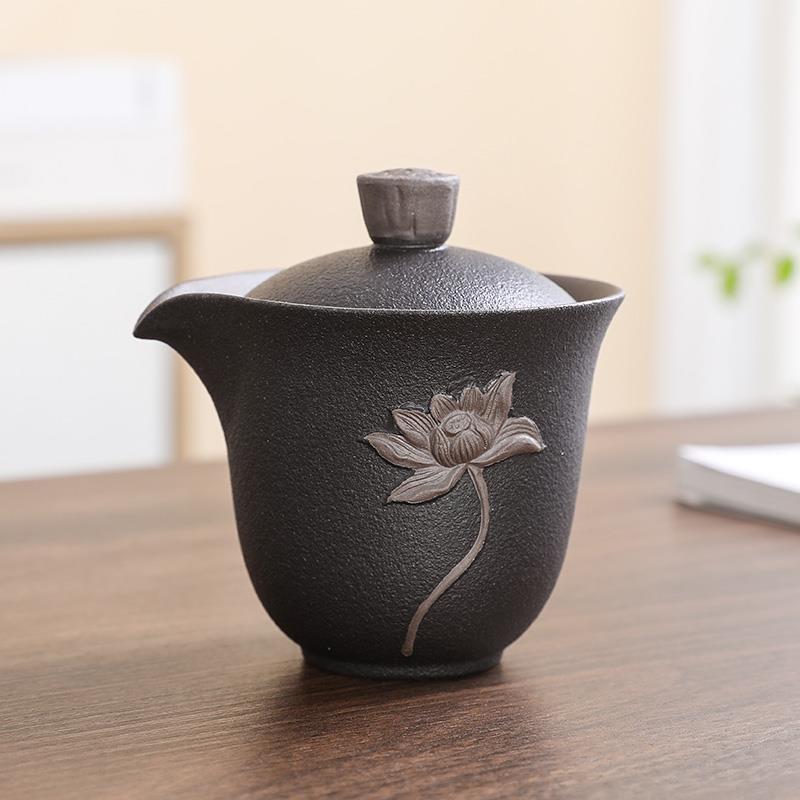 荷韵功夫茶具盖碗一壶二杯旅行便携式户外小套套装泡茶器具陶瓷黑