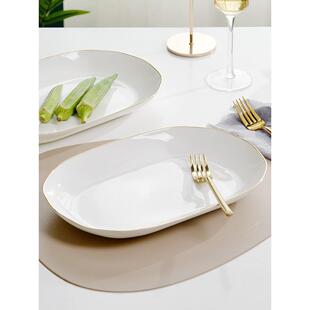 12英寸深盘子长方形装鱼盘子家用大盘子轻奢金边骨瓷餐具陶瓷菜盘