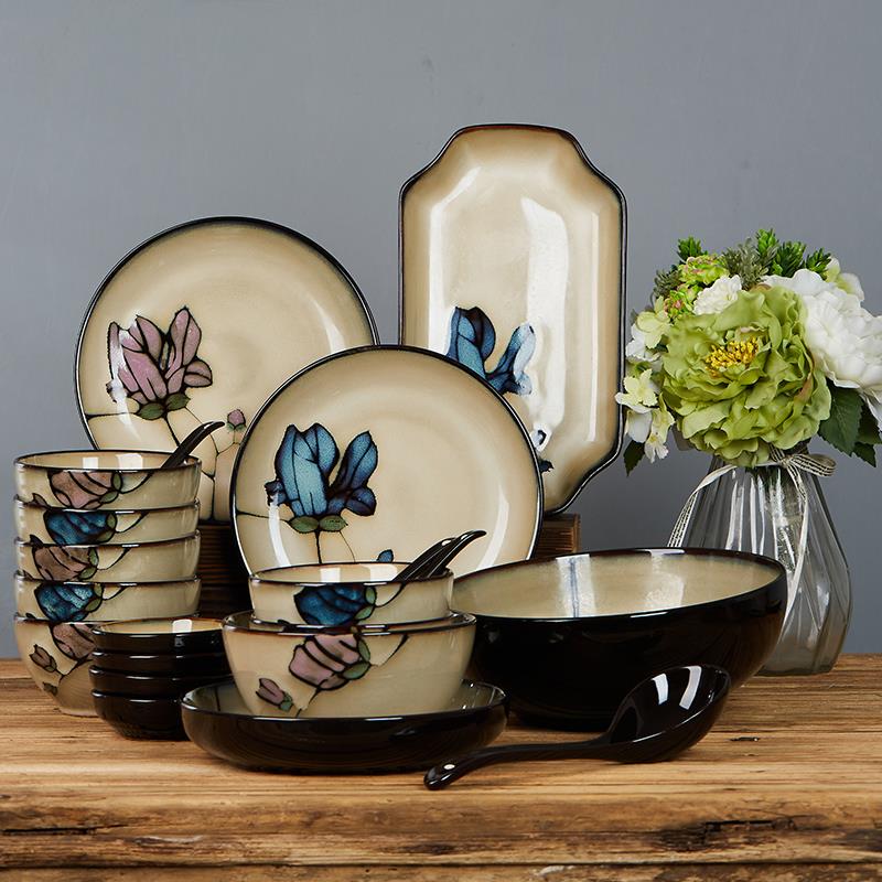 陶瓷碗碟套装家用覆古釉下彩手绘防烫饭碗餐盘4/10人碗盘组合餐具