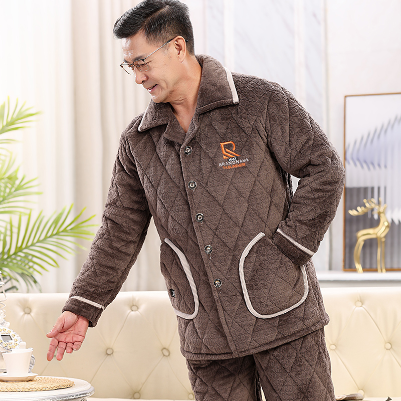 睡衣秋冬季三层加厚夹棉男士加绒珊瑚绒中老年父亲保暖家居服套装