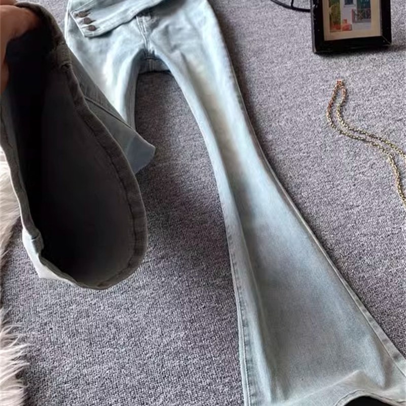 浅蓝色高腰牛仔微喇裤女夏季设计感弹力修身交叉侧扣喇叭拖地长裤