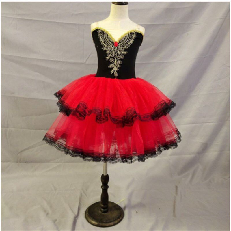 新款芭蕾舞演出服儿童舞蹈比赛舞蹈篷篷裙红色表演长裙堂吉诃德纱