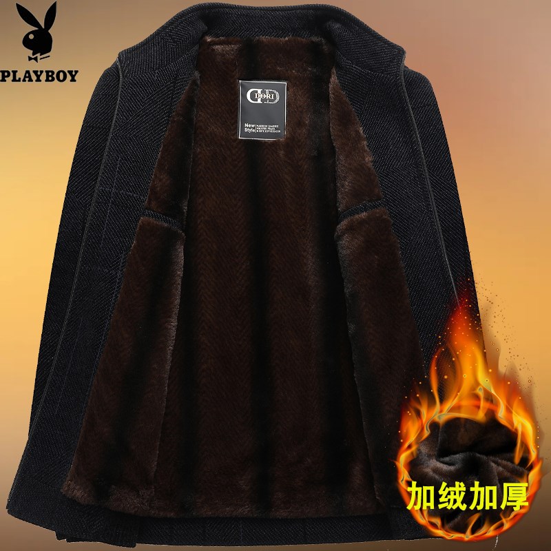 爸爸冬装春秋款加绒加厚中老年毛呢呢子立领夹克衫外套男爷爷棉服