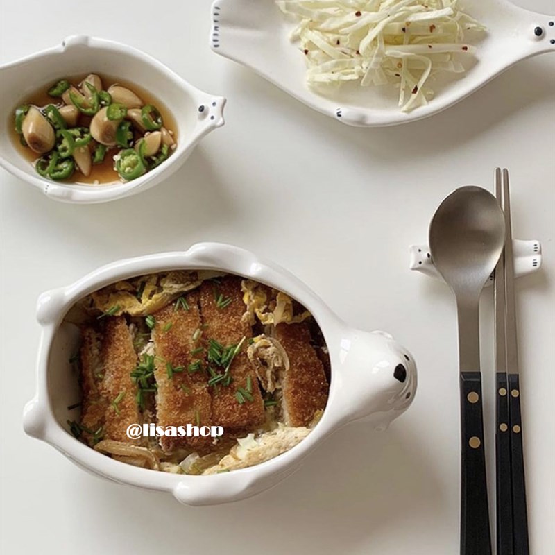 lisashop日式北极熊盘水果沙拉碗可爱儿童碗家用菜盘餐盘陶瓷汤碗