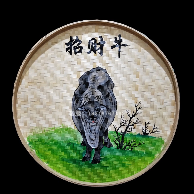 定制手工绘画簸箕画农家乐挂饰五牛图火锅店饭店墙壁装饰品挂画图片