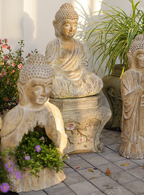 庭院佛像花盆创意户外中式仿木雕禅意花园阳台装饰摆件造景布置