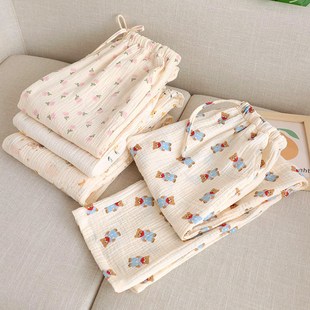 睡裤女纯棉纱布长裤家居裤睡衣裤子女单件春秋碎花薄款卡通夏季