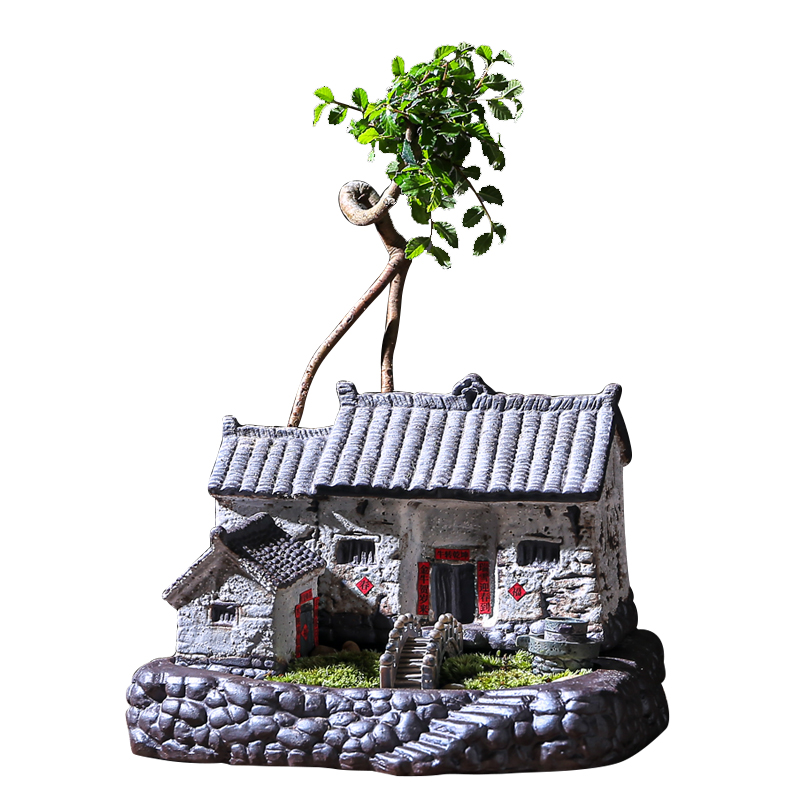 中式陶瓷房子建筑自吸水花盆微景观造景办公桌创意个性文竹盆栽器