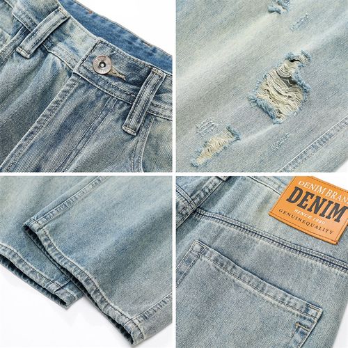 Ceecuz浅色做旧破洞牛仔裤男夏季新款黄泥水洗复古直筒阔腿长裤子