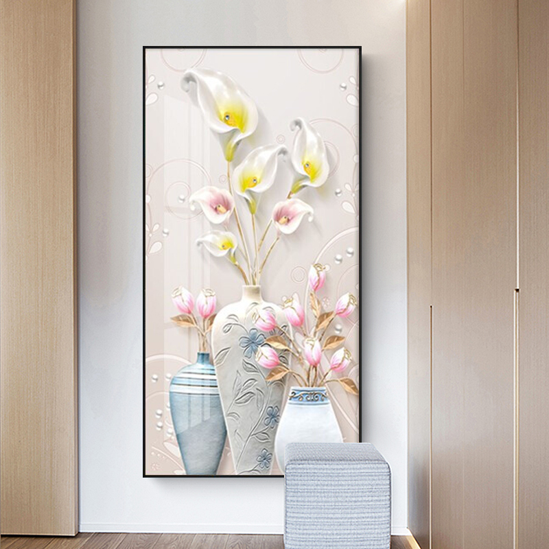中式荷花玄关挂画进门入户墙面画书房壁画楼梯间走廊背景墙装饰画图片