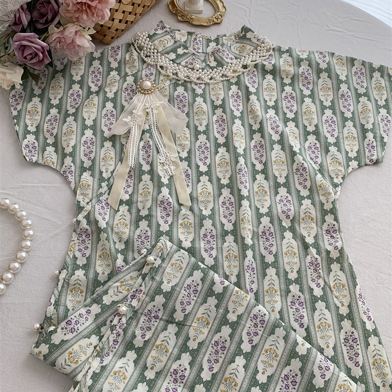 椿松集碧玉妆早秋全开襟中长款少女日常条纹显高显瘦全棉旗袍