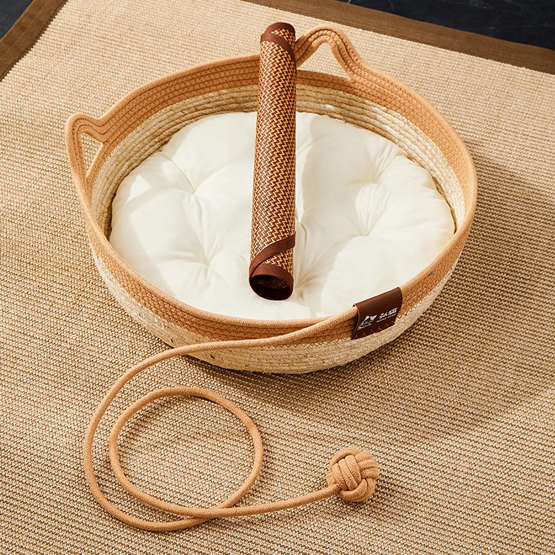 猫窝夏季藤编猫咪夏天睡觉凉窝四季通用可拆洗猫抓板草编宠物窝垫