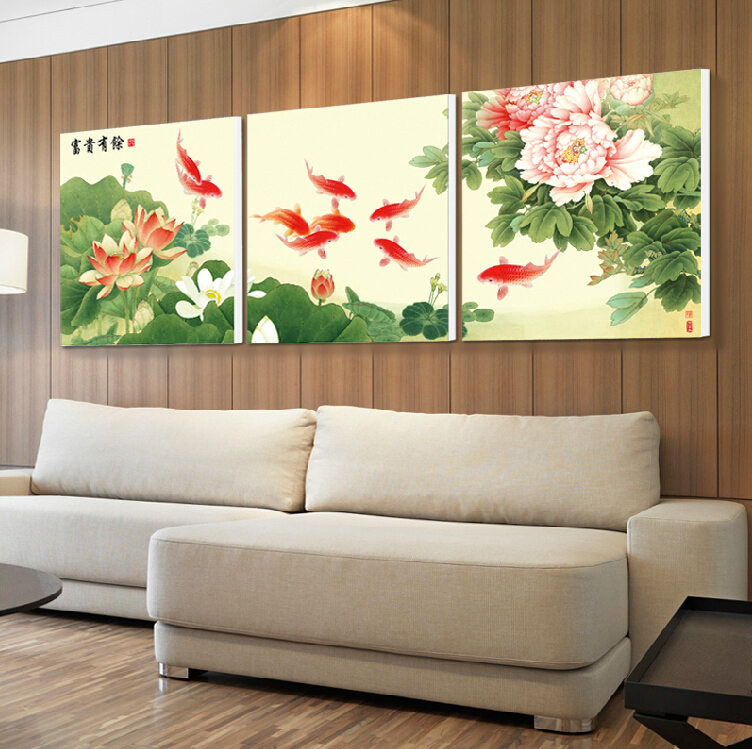 现代简约客厅装饰画三联无框画荷花鲤鱼挂画九鱼图饭厅壁画墙壁画图片