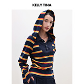 KELLY TINA航海日记解构针织假两件女2025春秋季 黄色条纹宽松T恤