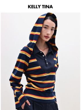KELLY TINA航海日记解构针织假两件女2025春秋季黄色条纹宽松T恤