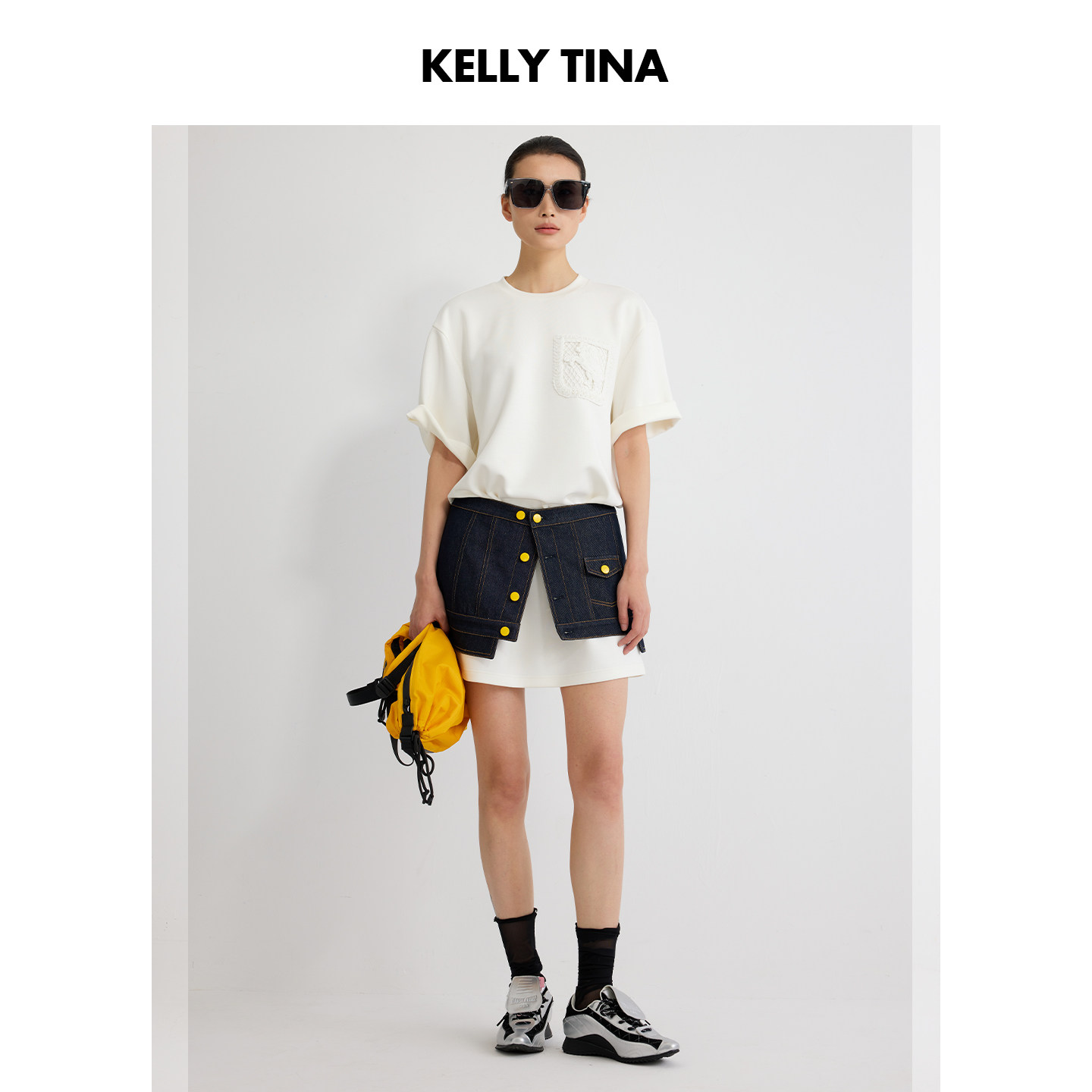 KELLYTINA牛仔解构风两件套设计感短袖圆领长款白色T恤裙自带腰封