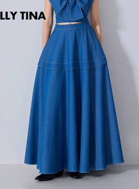 KELLY TINA  蓝色大摆裙女2025新款高级感复古百搭牛仔半身裙子
