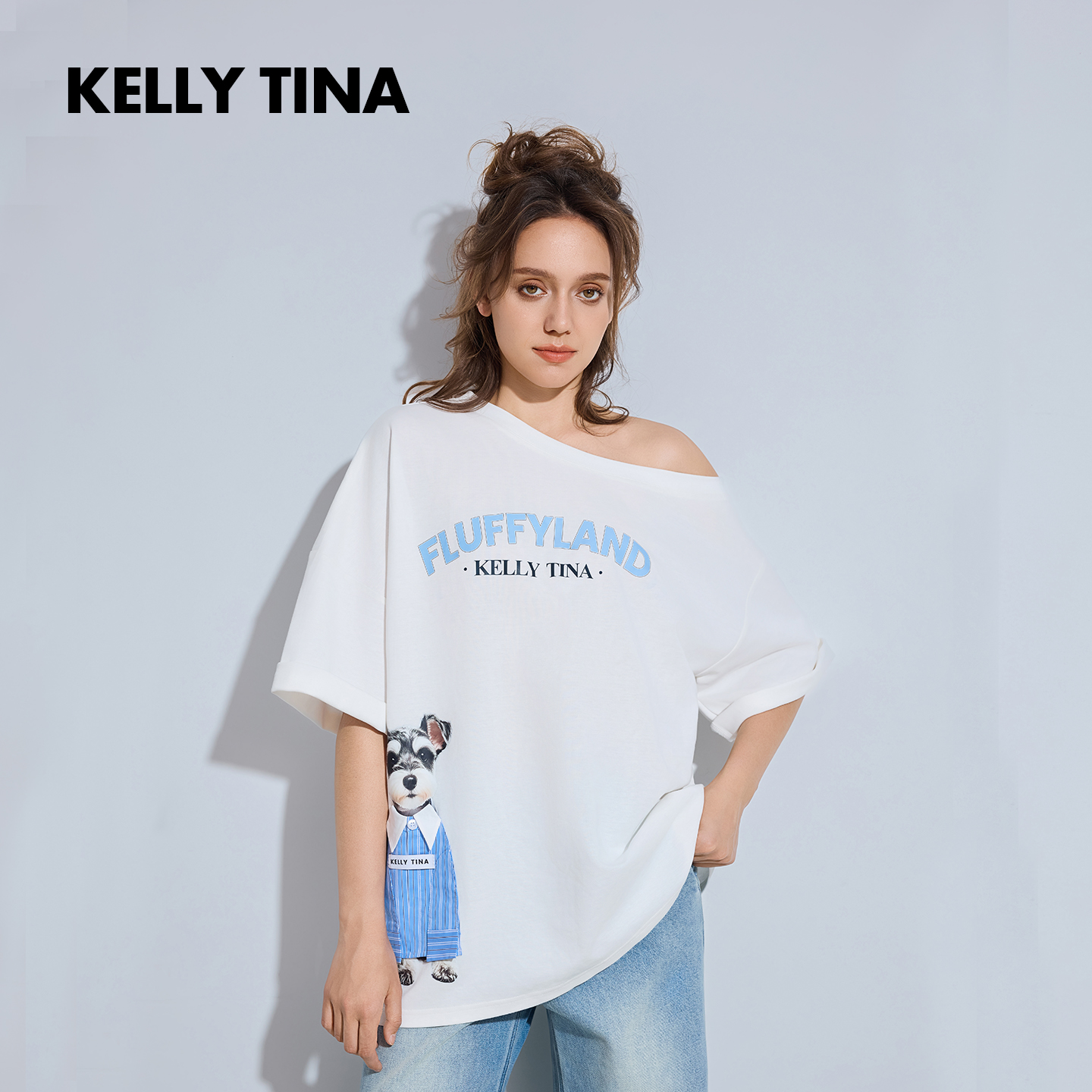 KELLY TINA 白色立体狗狗印花短袖T恤女宽松斜落肩新款体恤上衣