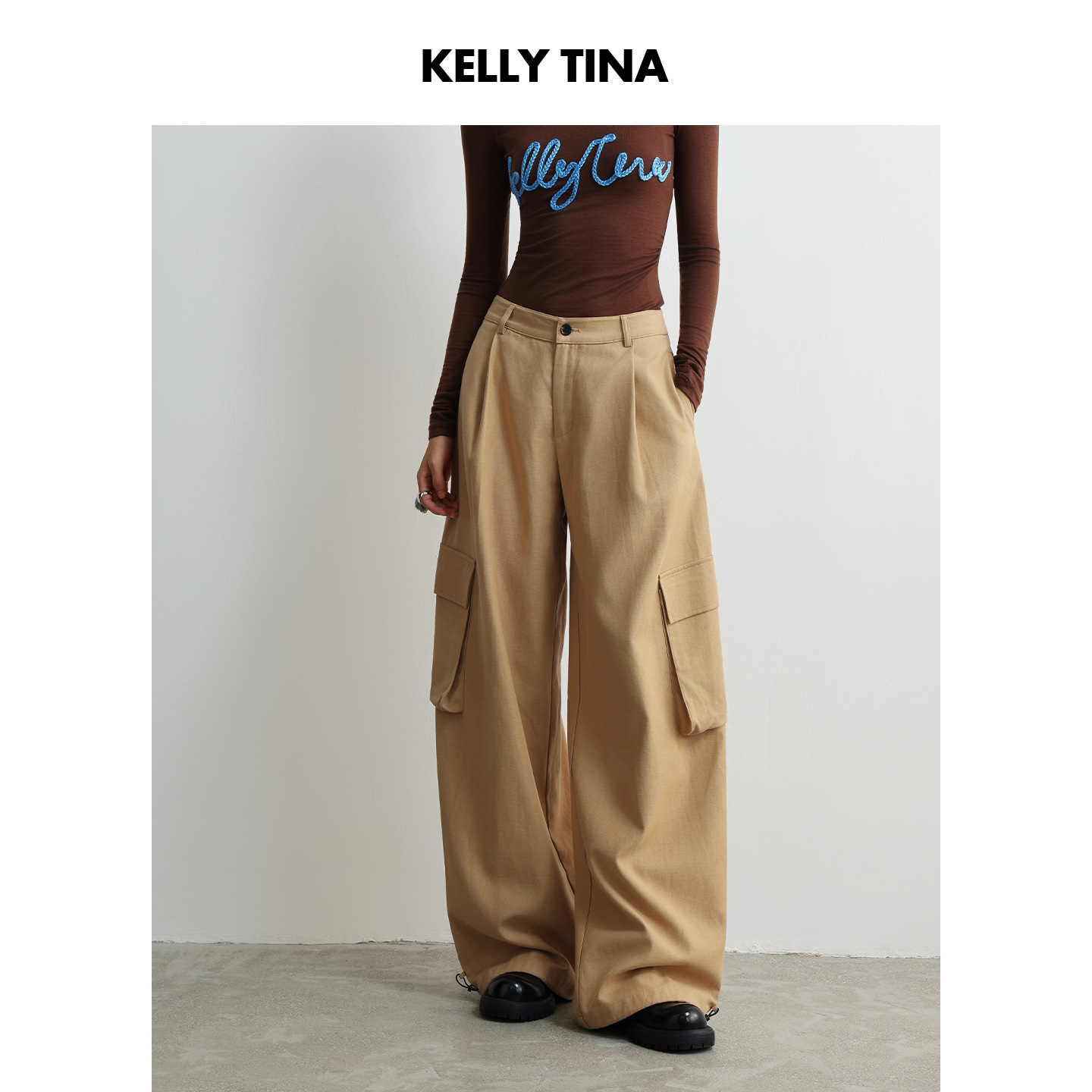 KELLY TINA旷野格纹机能工装裤裤子女款2025新款秋季复古褐色长裤