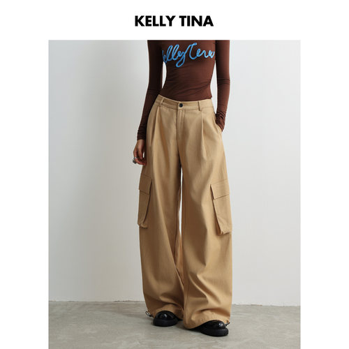 KELLY TINA旷野格纹机能工装裤裤子女款2025新款秋季复古褐色长裤