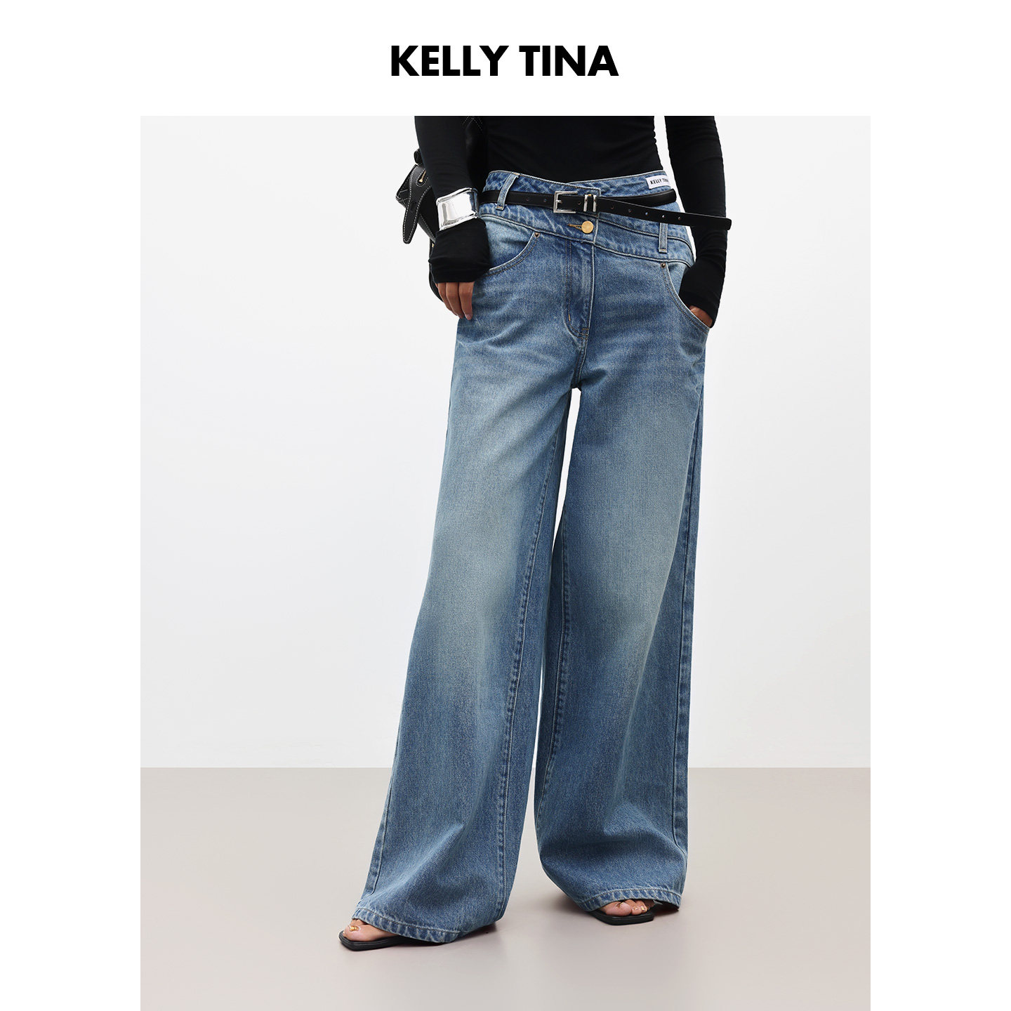 明星同款 复古解构双腰头牛仔裤女2025新款蓝色宽松直筒阔腿裤,女装/女士精品,牛仔裤,淘宝优惠券,粉丝福利购,淘宝优惠卷