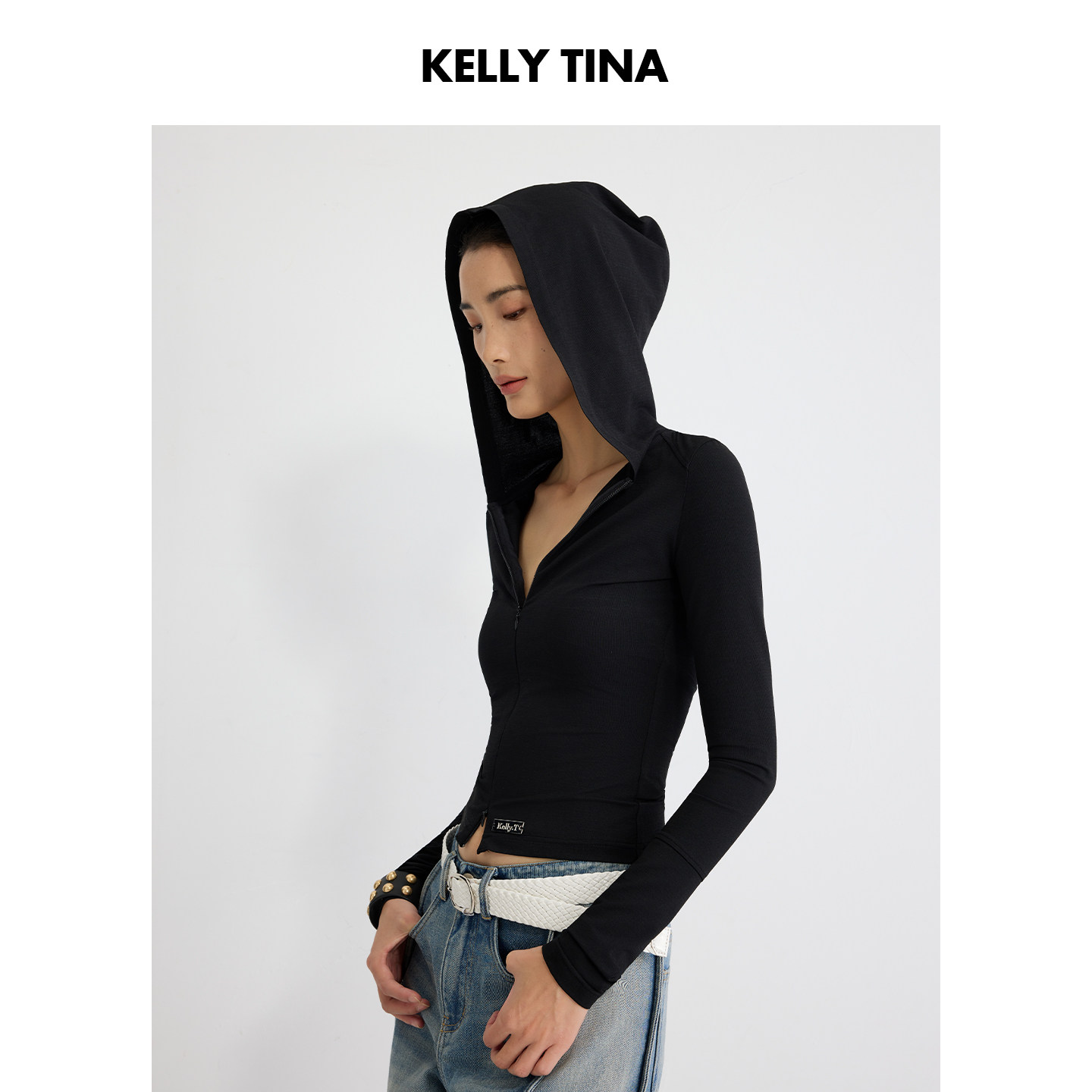 KELLY TINA 百变双拉头连帽短外套休闲风时髦长袖短款修身上衣女