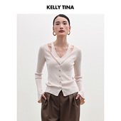 TINA 初秋必备V领针织衫 女上衣女法式 KELLY 高级感杏色假两件开衫