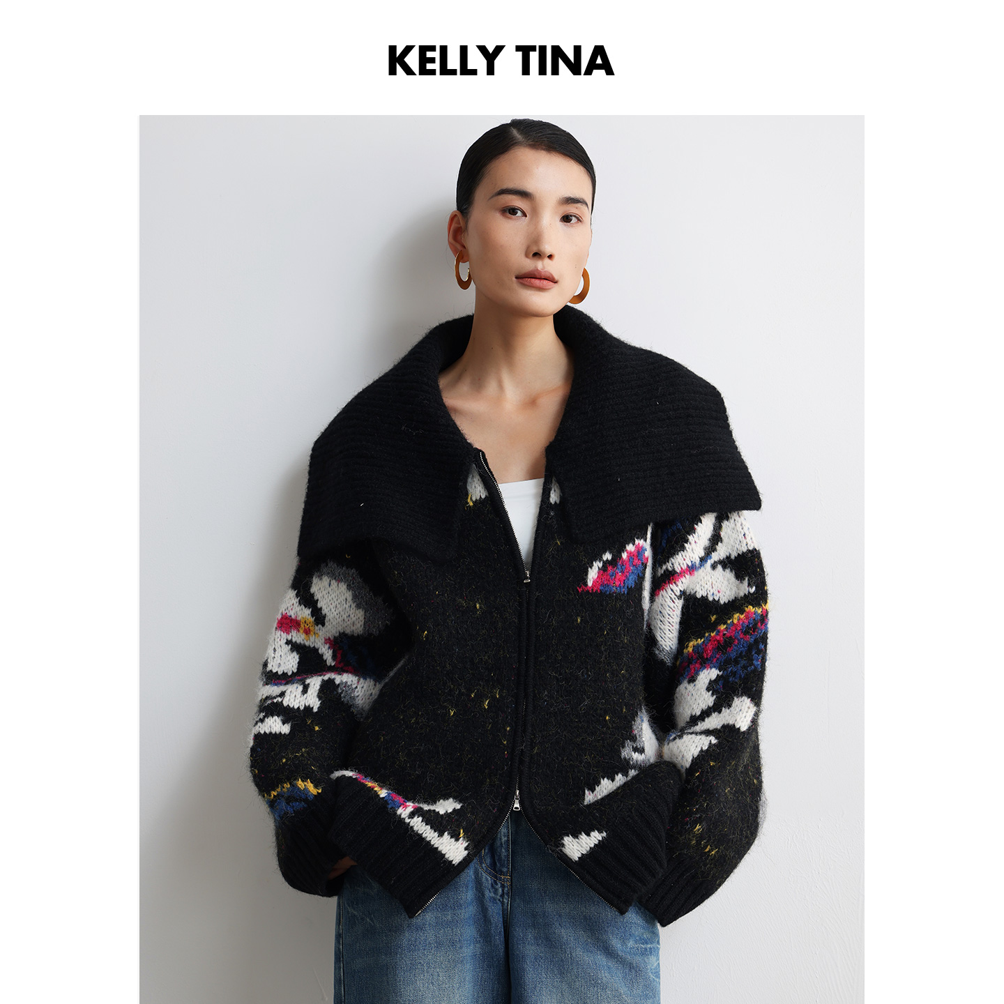 KELLY TINA繁花毛织外套2025新款秋冬季撞色黑色拉链毛衣女款外穿