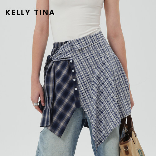 不规则拼接格子半身裙女