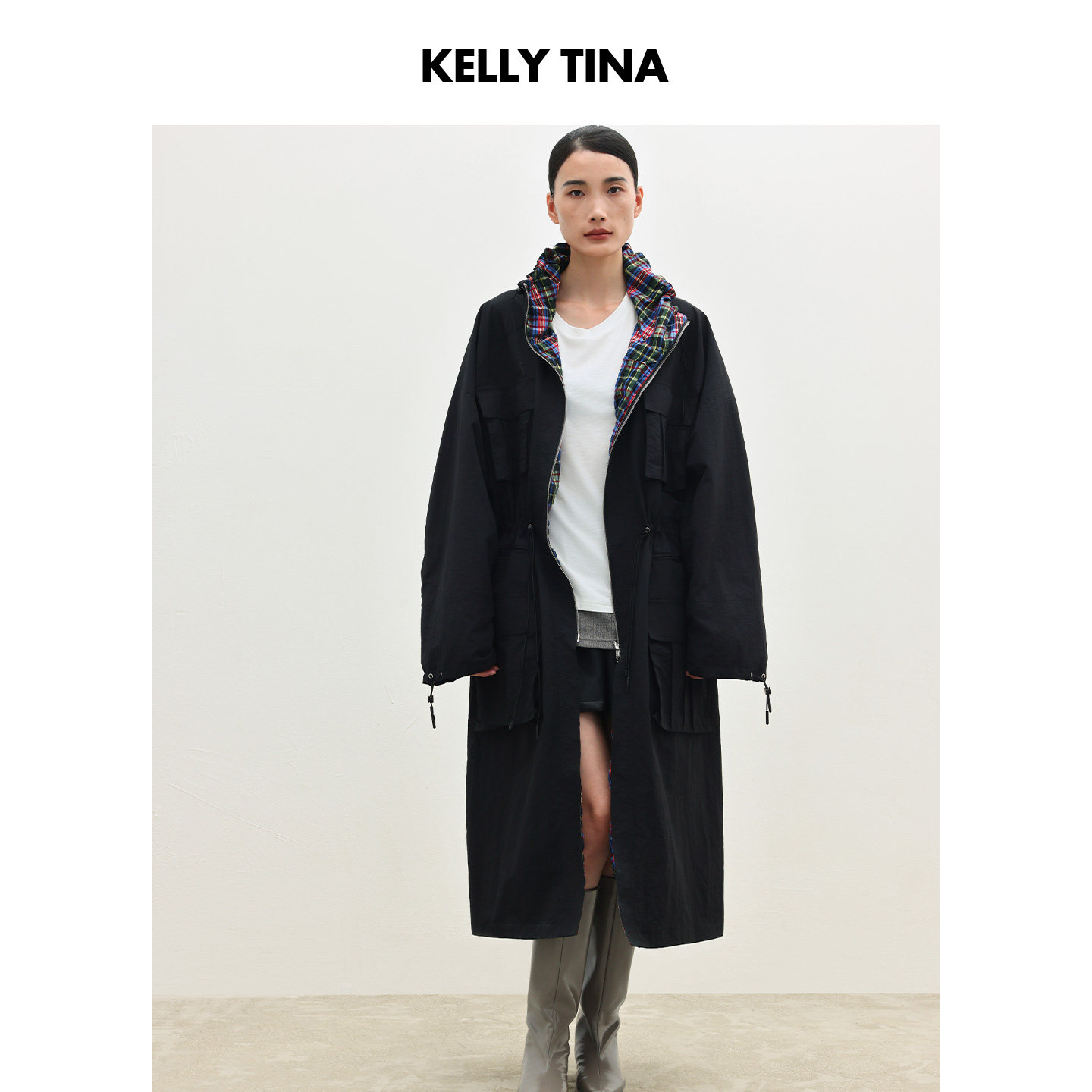 KELLY TINA双面都市工装外套风衣女款2025新款中长款黑色格子大衣