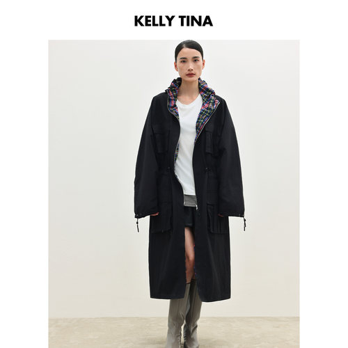 KELLY TINA双面都市工装外套风衣女款2025新款中长款黑色格子大衣