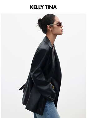 KELLY TINA 摩登雅致外套通勤2025新款高级感黑色皮衣单排扣夹克