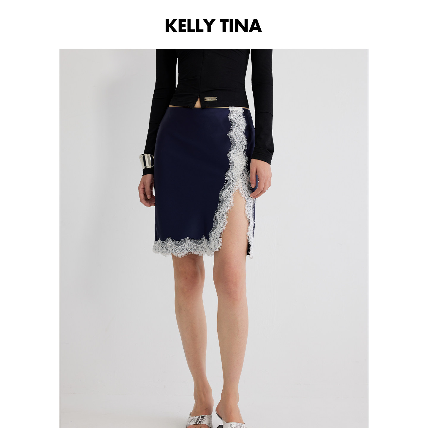 KELLY TINA藏蓝迷迭香蕾丝拼接裙中长款开叉直筒裙藏蓝色半身裙女