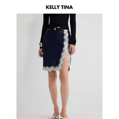 KELLY TINA藏蓝迷迭香蕾丝拼接裙中长款开叉直筒裙藏蓝色半身裙女
